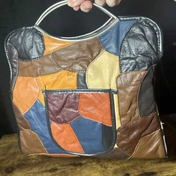 Patchwork Leather Purse Vintage Handmade Hong Kong Silver Tone Eye Arch Handle - Picture 4 of 14